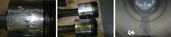 These photos of a locomotive engine indicate a severely scored liner and piston wear. These photos of a locomotive engine indicate a severely scored liner and piston wear.