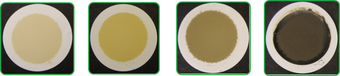 These images show the results of an MPC test on four different oils. The one on the far left is considered to be at the warning level, while the other three are in the critical range. These images show the results of an MPC test on four different oils. The one on the far left is considered to be at the warning level, while the other three are in the critical range.