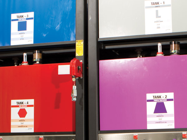 Bunge uses a color and shape-coding system to separate and identify its lubricants. These labels appear in every step of the oil-handling process. Bunge uses a color and shape-coding system to separate and identify its lubricants. These labels appear in every step of the oil-handling process.