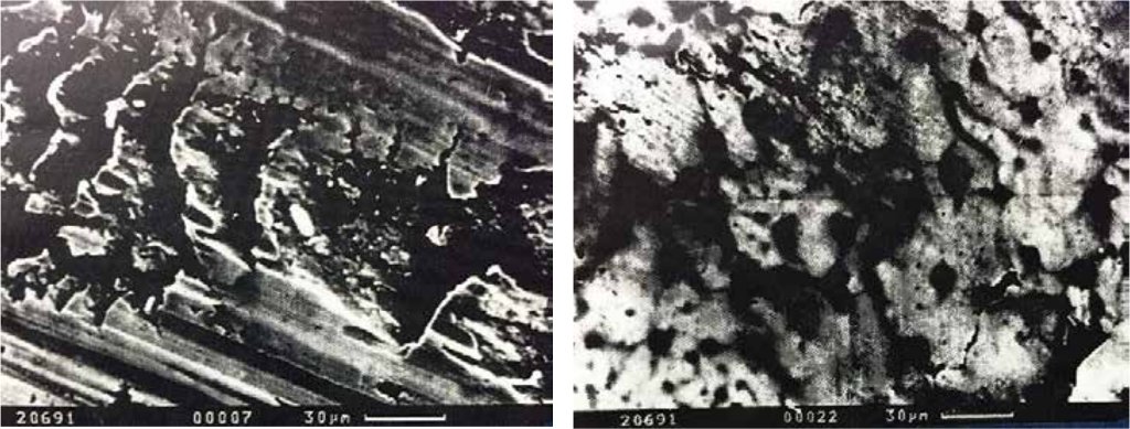 Figure 2 (a) Bearing surface without micro ceramic particles indicating 20-25% surface to surface contact (b) Bearing surface with micro ceramic indicating 75-85% surface to surface contact Figure 2 (a) Bearing surface without micro ceramic particles indicating 20-25% surface to surface contact (b) Bearing surface with micro ceramic indicating 75-85% surface to surface contact