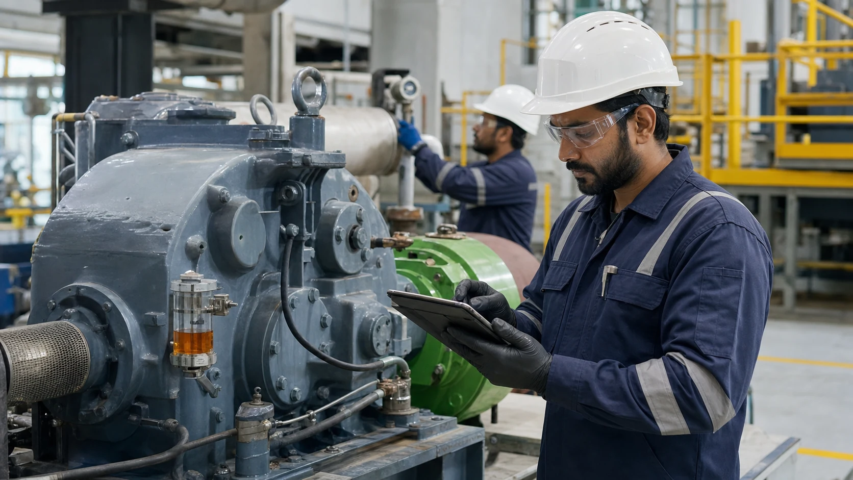 Maintenance engineer records lubrication inspection findings beside an industrial gearbox